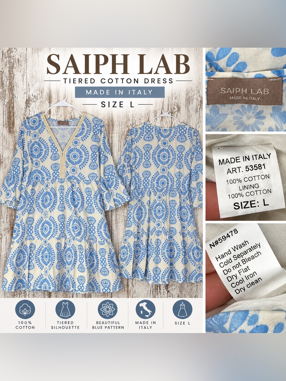 Saiph Lab Blue White Cotton Tiered Dress Made in Italy Size L